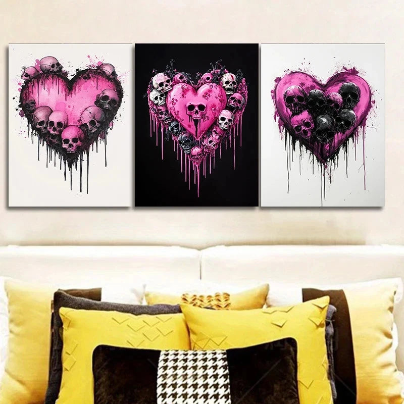 3pcs Gothic Heart and Skull Pink Themed Metal Print Ready to Hang Art