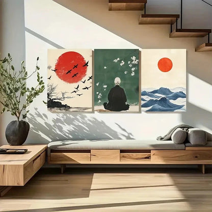 3pcs Minimalist Japanese Style Meditation Red Sun Metal Print Ready to Hang Art - Bella Home Decor