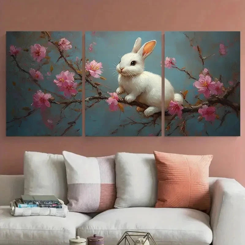 3pcs White Bunny on Branch with Pink Florals Metal Print Ready to Hang Art - Bella Home Decor