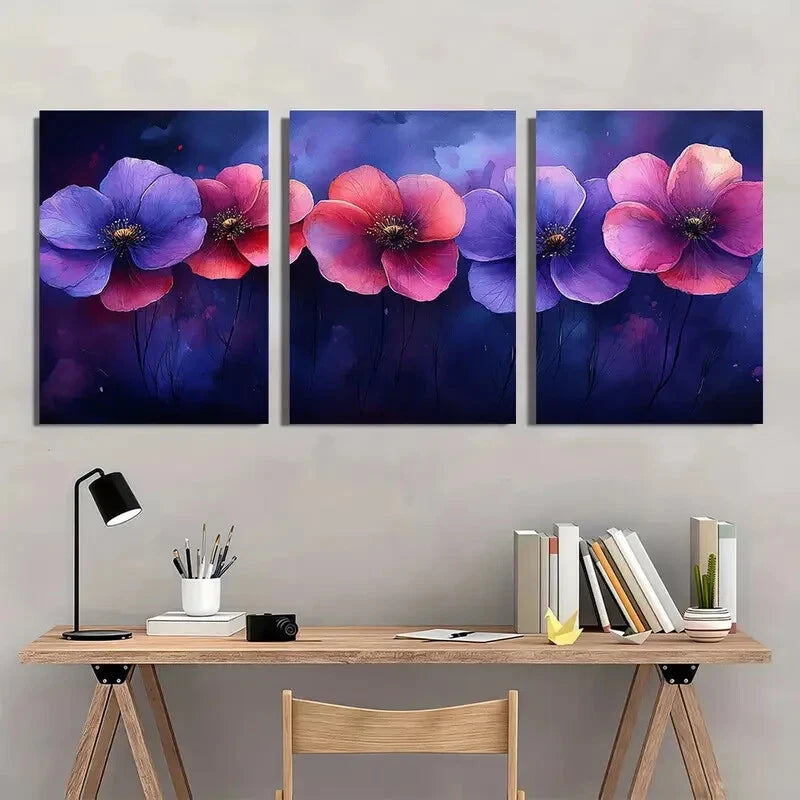 3pcs Vibrant Purple & Pink Floral Abstract Metal Print Ready to Hang Art - Bella Home Decor