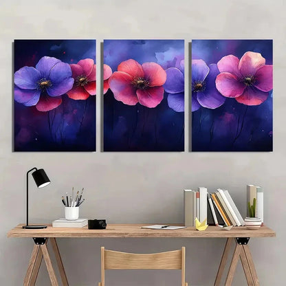 3pcs Vibrant Purple & Pink Floral Abstract Metal Print Ready to Hang Art - Bella Home Decor