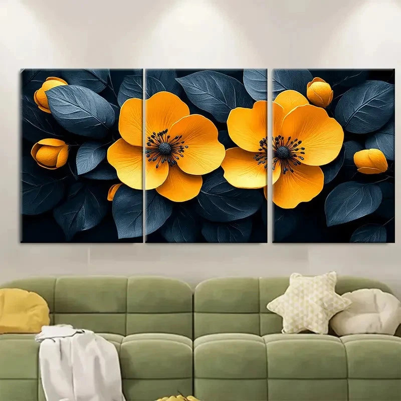 3pcs Modern Black and Yellow Floral ti   Wall Art Set Canvas Framed 40x60cm - High Quality Print 100% Australian Made Wall Canvas Ready to Hang