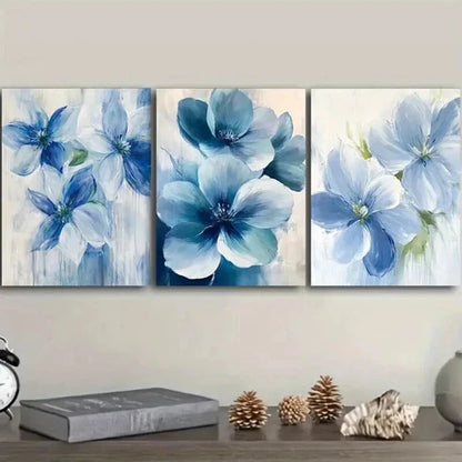 3pcs Beautiful Blue Flowers Decoration Art Set Canvas Unframed - High Quality Print 100% Australian Made Wall Canvas - Bella Home Decor