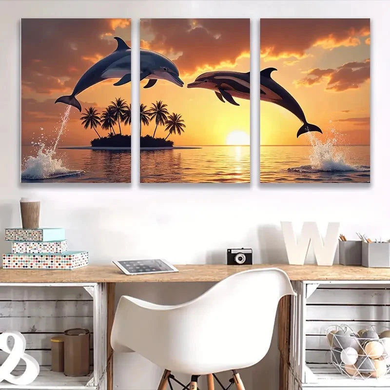 3pcs Sunset Dolphins Leaping with Palm Trees Wall Art Set Canvas Framed 50x70cm - High Quality Print 100% Australian Made Wall Canvas Ready to Hang