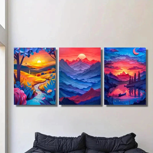 3pcs Rich valley, landscape at sunset, Metal Print Ready to Hang Art
