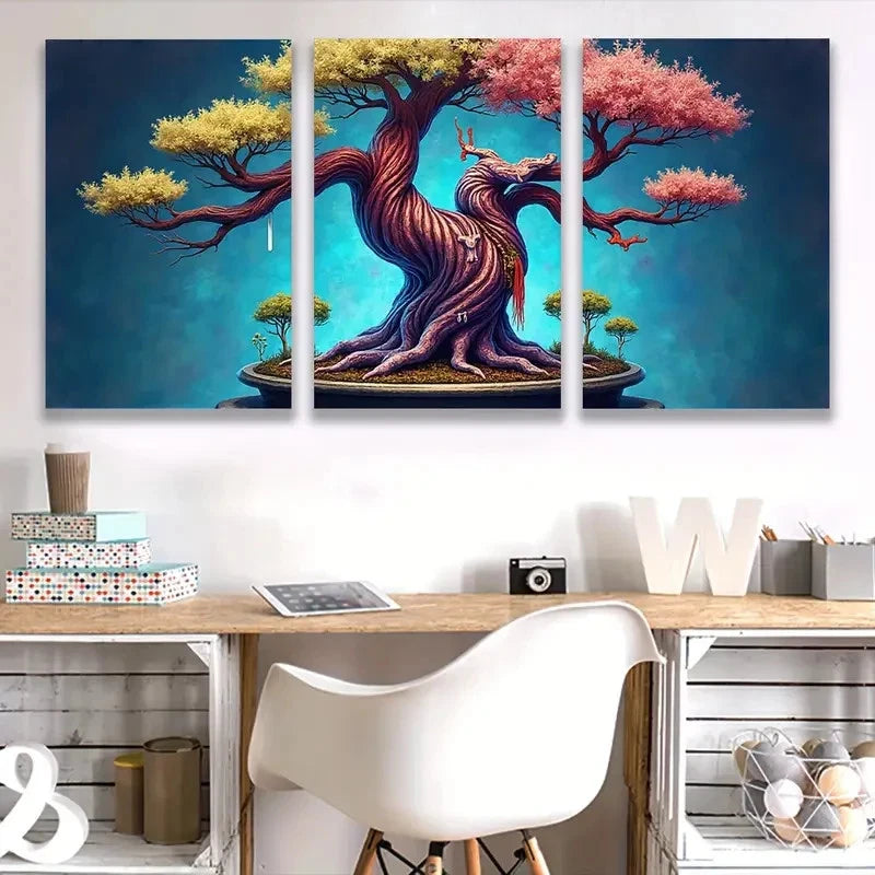 3pcs Yellow, Pink & Purple Blossoms Bonsai Tree  Wall Art Set Canvas Framed 50x70cm - High Quality Print 100% Australian Made Wall Canvas Ready to Hang - Bella Home Decor