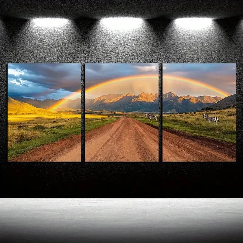 3pcs Zebra Under Sunset Rainbow, Vibrant Nature Metal Print Ready to Hang Art - Bella Home Decor