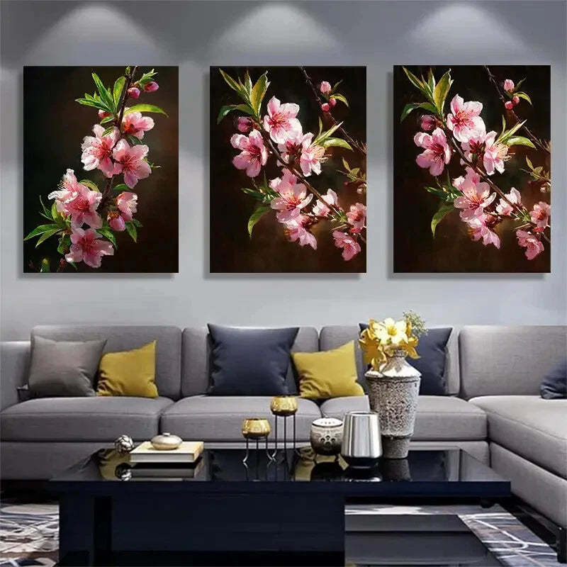 3pcs Peach Blossom Pink Floral Botanical Metal Print Ready to Hang Art