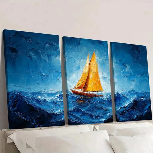 3pcs Vibrant Blue Seascape with Orange SF Wall Art Set Canvas Framed 40x60cm - High Quality Print 100% Australian Made Wall Canvas Ready to Hang