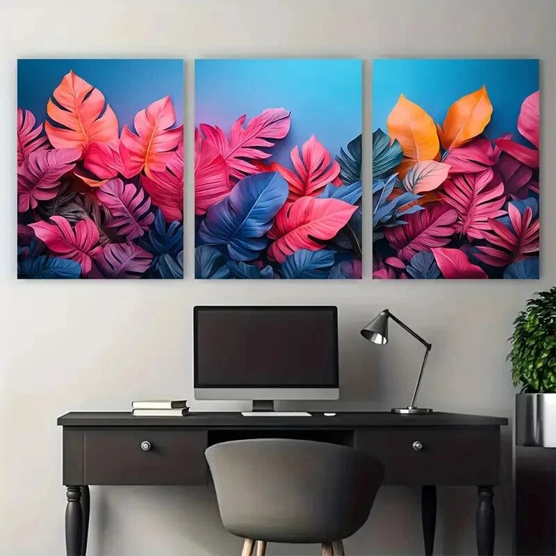 3pcs Exotic Leaves Blue Pink Gradient Background Metal Print Ready to Hang Art - Bella Home Decor