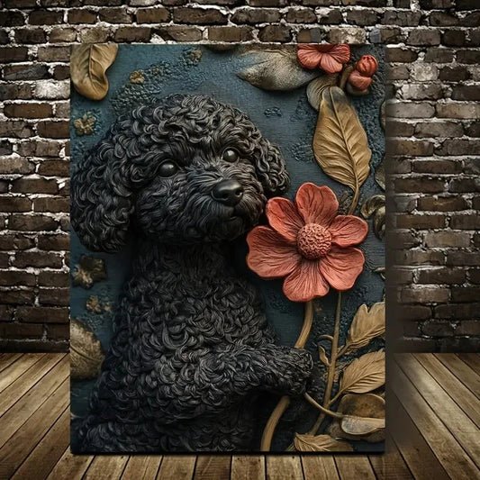 Black Cockapoo Dog Surrounded by Heart Painting 40x60cm Metal Print Ready to Hang - Bella Home Decor