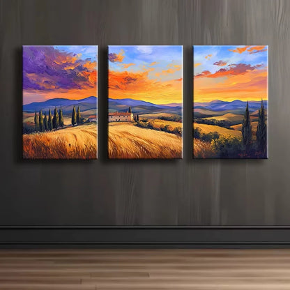 3pcs Sunset Fields Illustration Wall Art Set Canvas Framed 40x60cm - High Quality Print 100% Australian Made Wall Canvas Ready to Hang