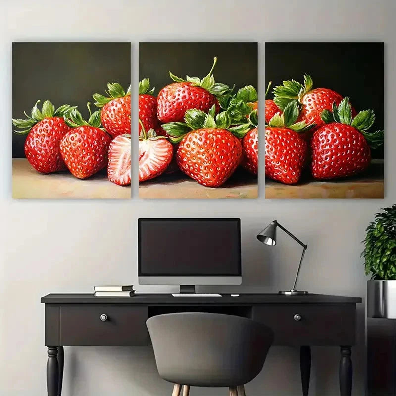 3pcs Strawberry Still Life Realistic Fruit Metal Print Ready to Hang Art - Bella Home Decor