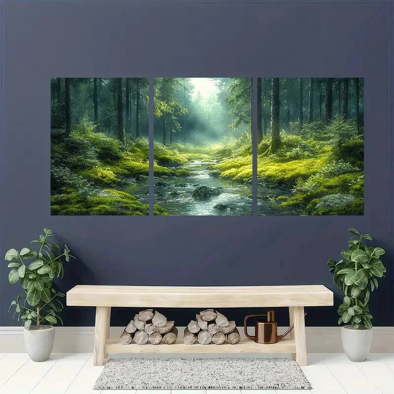 3pcs Dark Misty Woodland Scene with Sunlight Metal Print Ready to Hang Art - Bella Home Decor