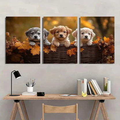 3pcs Adorable Puppies Autumn Scene Wall Art Set Canvas Unframed - High Quality Print 100% Australian Made Wall Canvas - Bella Home Decor