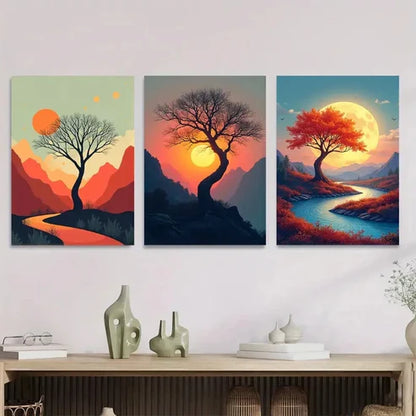 3pcs Vibrant Sunset Trees And Mountain beautiful Wall Art Set Canvas Unframed - High Quality Print 100% Australian Made Wall Canvas