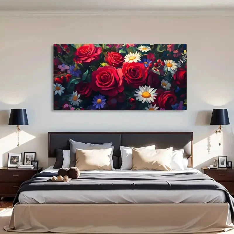 Daisies Roses Vibrant Bouquet Wall Art Canvas Office Home Room Framed 120x60cm