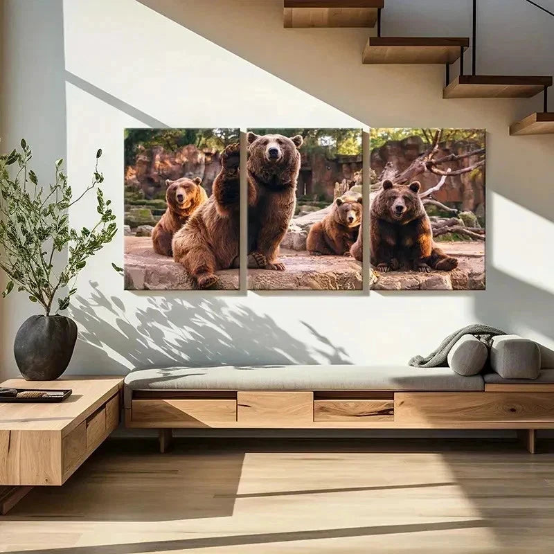 3pcs Zoo Art Cute Brown Bear Decoration Wall Art Set Canvas Framed 60x90cm - High Quality Print 100% Australian Made Wall Canvas Ready to Hang