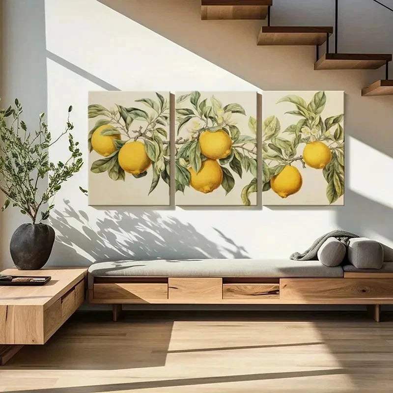 3pcs Vintage Lemon & Blossom Painting Wall Art Set Canvas Framed 60x90cm - High Quality Print 100% Australian Made Wall Canvas Ready to Hang