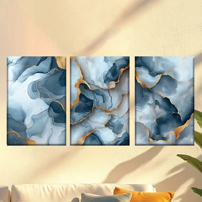 3pcs Abstract blue and Golden marble Wall Art Set Canvas Framed 60x90cm - High Quality Print 100% Australian Made Wall Canvas Ready to Hang - Bella Home Decor