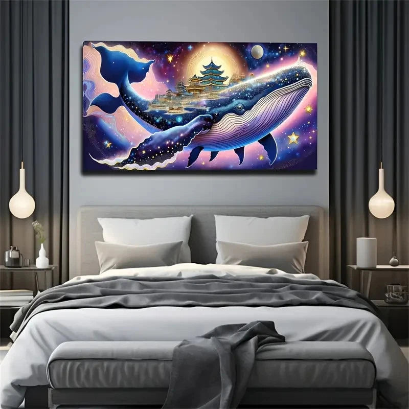 Whimsical Whale & Eastern Temp Wall Art Canvas Office Home Room Framed 120x60cm