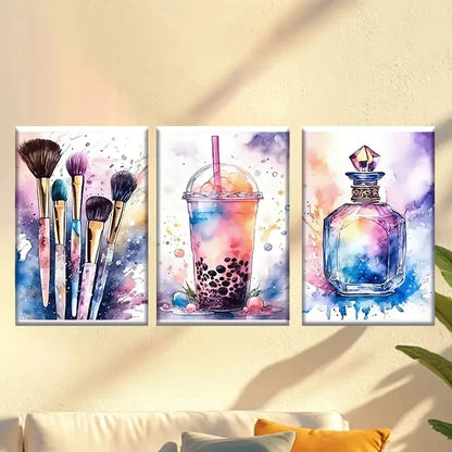 3pcs Paint Brushes Drink & Crystal Bottle Wall Art Set Canvas Framed 50x70cm - High Quality Print 100% Australian Made Wall Canvas Ready to Hang