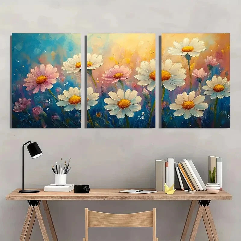 3pcs Vibrant Wildflower Designs in Blue Yellow Metal Print Ready to Hang Art - Bella Home Decor