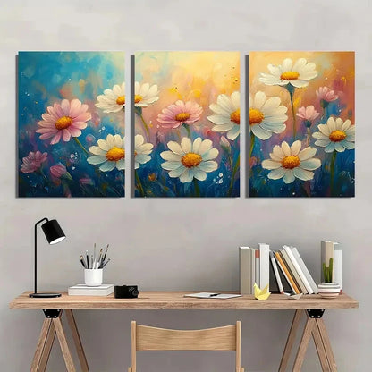 3pcs Vibrant Wildflower Designs in Blue Yellow Metal Print Ready to Hang Art - Bella Home Decor