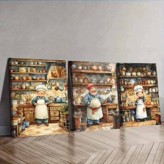 3pcs The whimsical chef Wall Art Set Canvas Framed 50x70cm - High Quality Print 100% Australian Made Wall Canvas Ready to Hang