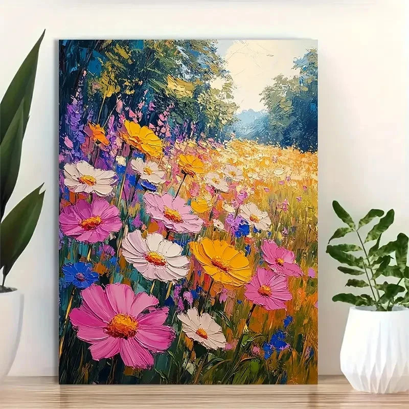Beautiful Sun Floral Meadow Landscape Painting 40x60cm Metal Print Ready to Hang