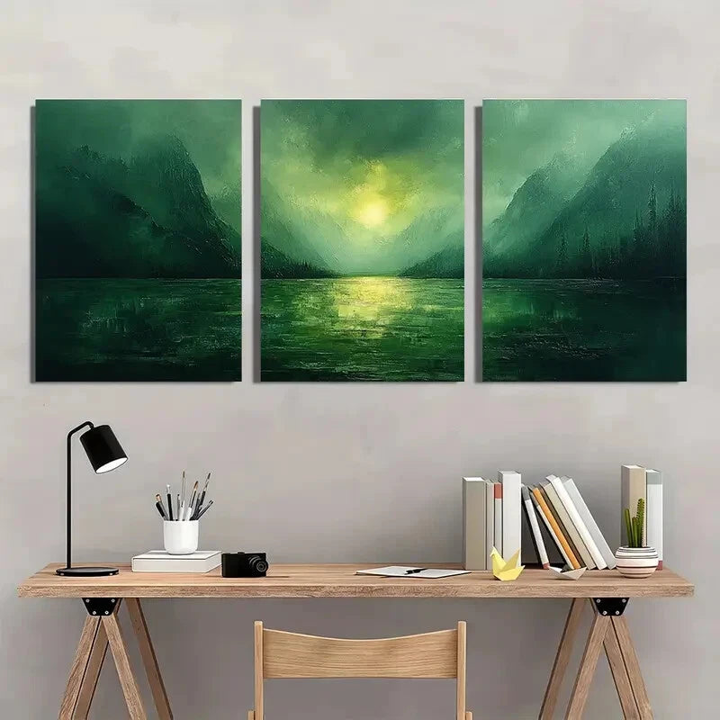 3pcs Abstract Green Mountain Landscape Art Metal Print Ready to Hang Art - Bella Home Decor