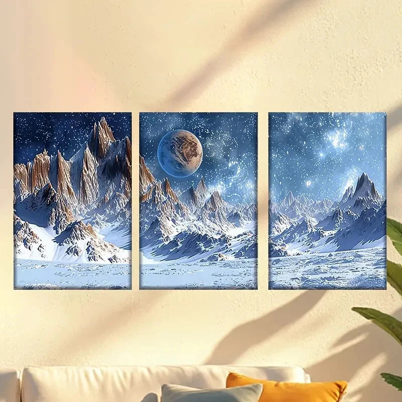 3pcs Charming Snowy Blue Starry Sky 40x60cm - High Quality Print 100% Australian Made Wall Canvas Ready to Hang - Bella Home Decor
