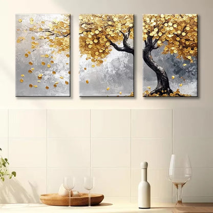 3pcs Luxurious Golden Leaf Tree Illustration Wall Art Set Canvas Framed 60x90cm - High Quality Print 100% Australian Made Wall Canvas Ready to Hang