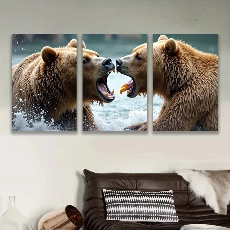 3pcs Brown Bears Fighting In Water Wall Art Set Canvas Framed 60x90cm - High Quality Print 100% Australian Made Wall Canvas Ready to Hang - Bella Home Decor