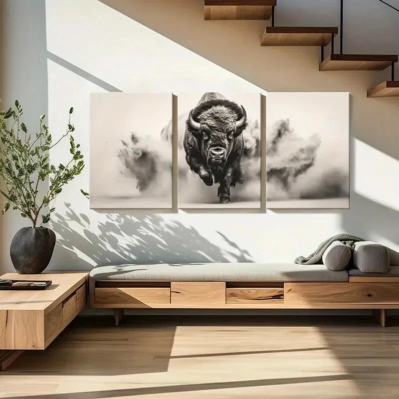 3pcs Powerful Bison Wildlife Art Monochrome Art Metal Print Ready to Hang Art - Bella Home Decor