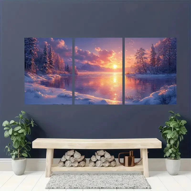 3pcs Serene Frozen Lake & Snowy Forest Scenery Metal Print Ready to Hang Art - Bella Home Decor