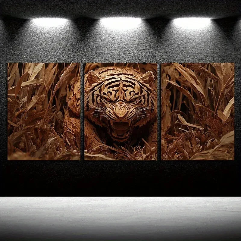 3pcs Wildlife-Inspired Tiger Themed Metal Print Ready to Hang Art - Bella Home Decor