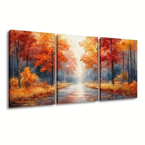 3pcs Vibrant Autumn Park Pathway Wall Art Set Canvas Unframed - High Quality Print 100% Australian Made Wall Canvas