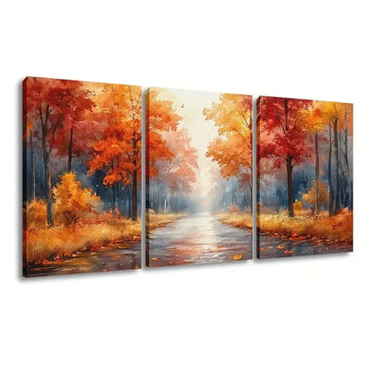3pcs Vibrant Autumn Park Pathway Wall Art Set Canvas Unframed - High Quality Print 100% Australian Made Wall Canvas