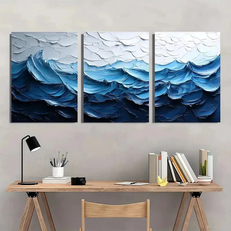 3pcs Original White Wave Texture Painting Metal Print Ready to Hang Art - Bella Home Decor