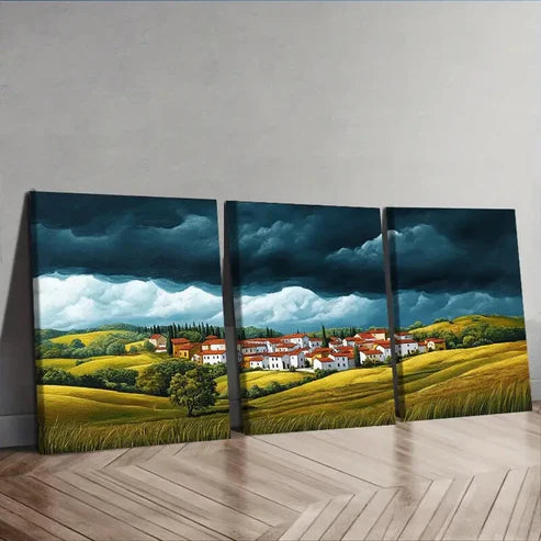 3pcs A little village with red roofs Painting Wall Art Set Canvas Unframed - High Quality Print 100% Australian Made Wall Canvas