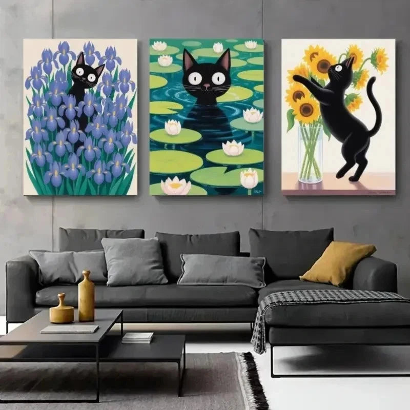 3pcs Black Cat Canvas  Pop Art Style  Wall Art Canvas  Wall Art Set Canvas Framed 40x60cm - High Quality Print 100% Australian Made Wall Canvas Ready to Hang - Bella Home Decor