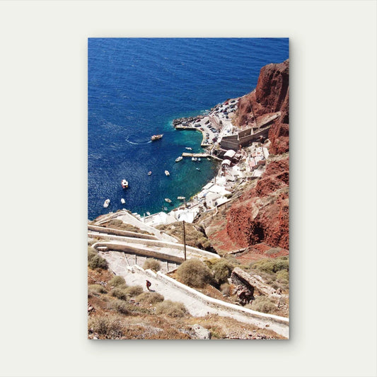 Old Buildings Near Cliff Shore With Boat Ocean 60x90cm Metal Print Ready to Hang