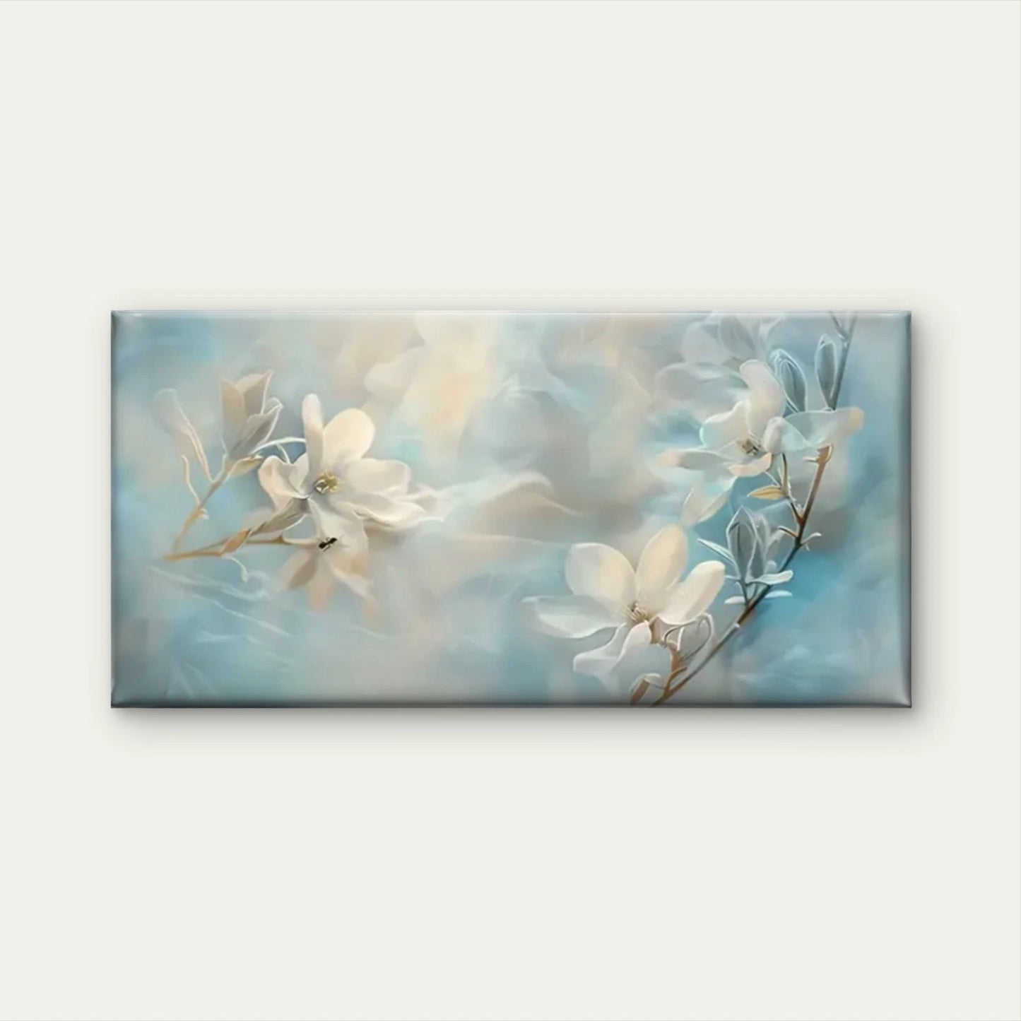 White Flowers Blue White Wall Art Canvas Office Home Room Framed 120x60cm