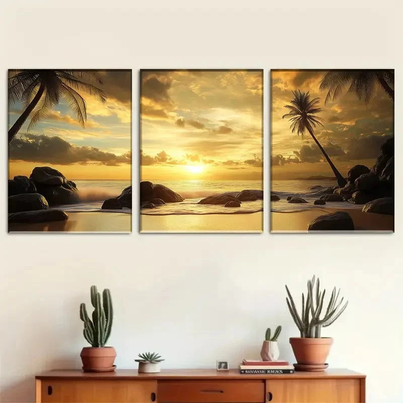 3pcs Tropical Vibrant Palm Trees & Ocean View Metal Print Ready to Hang Art