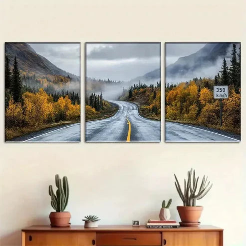 3pcs Autumn Mountain Road Triptych Wall Art Set Canvas Framed 60x90cm - High Quality Print 100% Australian Made Wall Canvas Ready to Hang
