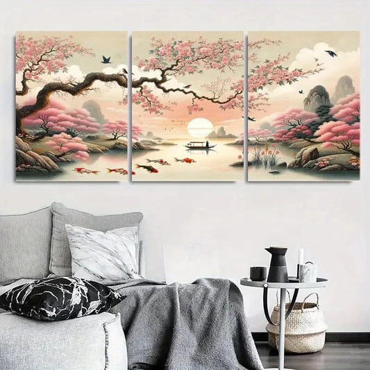 3pcs Cherry Blossom River Zen Koi Fish Wall Art Set Canvas Framed 40x60cm - High Quality Print 100% Australian Made Wall Canvas Ready to Hang