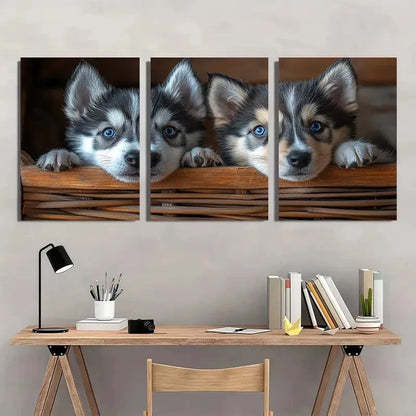 3pcs Adorable Husky Puppies Animal Themed Wall Art Set Canvas Framed 40x60cm - High Quality Print 100% Australian Made Wall Canvas Ready to Hang - Bella Home Decor