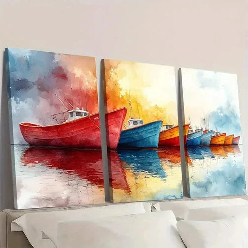3pcs Sailboats Watercolor Fishing Boats  Wall Art Canvas Unframed - High Quality Print 100% Australian Made Wall Canvas - Bella Home Decor
