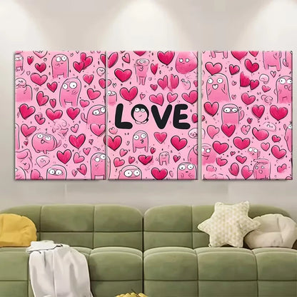 3pcs Funny Bathroom Pink Heart Character Metal Print Ready to Hang Art